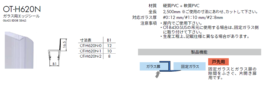 ガラスエッジシール OT-H620N-2／L２,５００mm（戸先用）